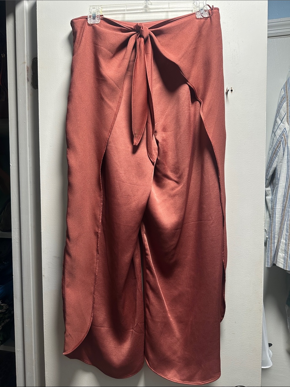 Asymmetrical Tie-Front Satin Skirt in Rust